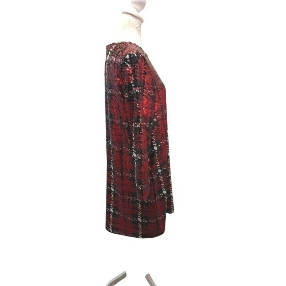 Tuckernuck Womens Medium Red Sequin Tartan Plaid Shift Dress 3/4 Sleeve Mini - Picture 2 of 9